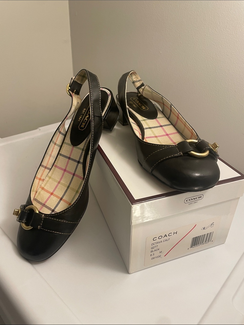 Coach Black Leather Slingback Heel with Gold Buckle